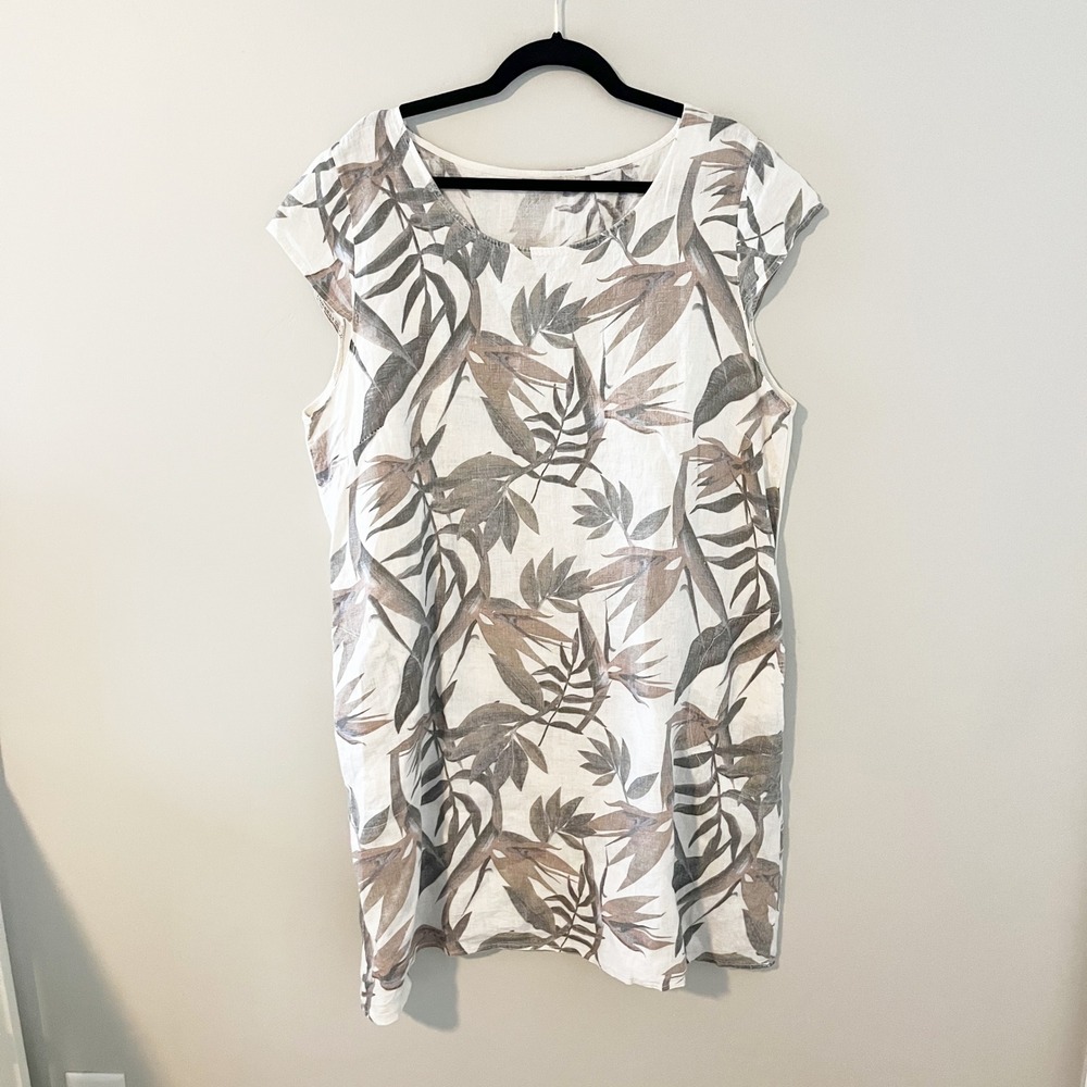 Lungo L'Arno Italy 100% Linen Tropical Leaf Print Shift tunic Dress neutral 1x